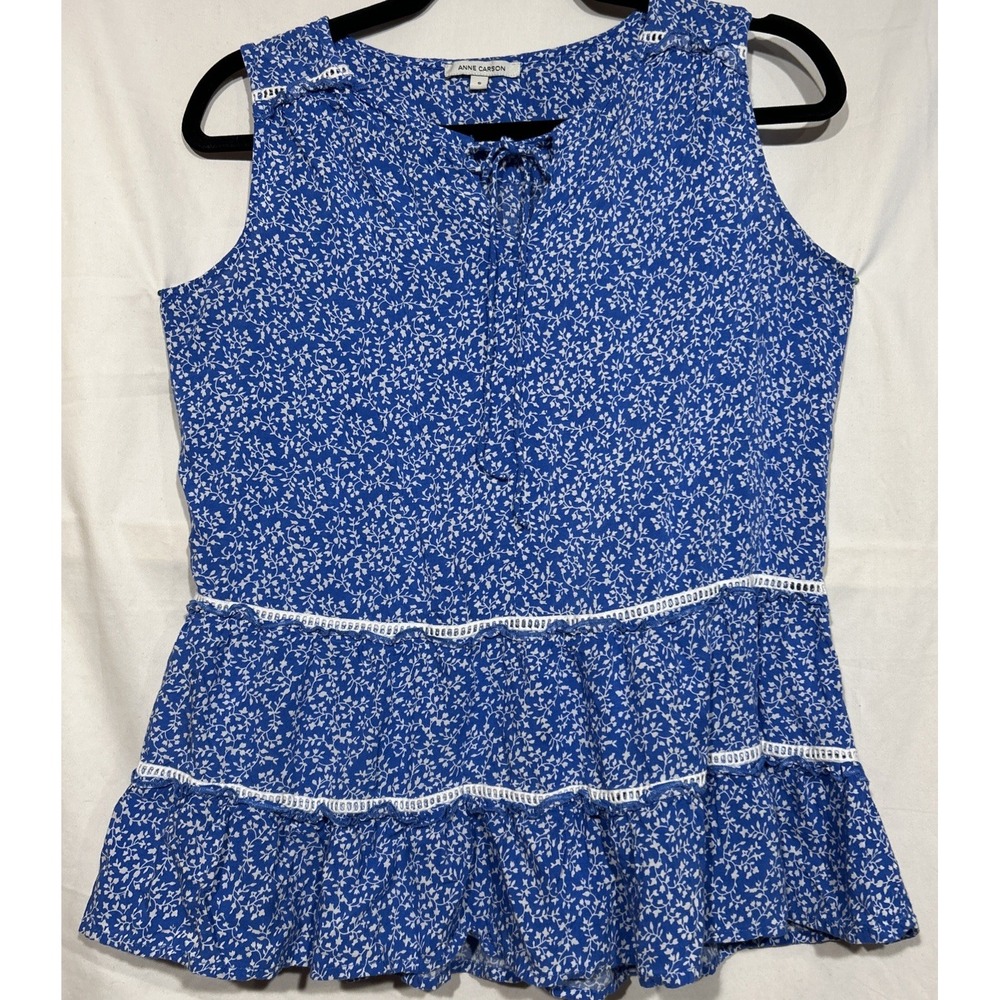 Summer Lagenlook Layers Ruffles Lace Insert Top S Blue White Floral V-Neck